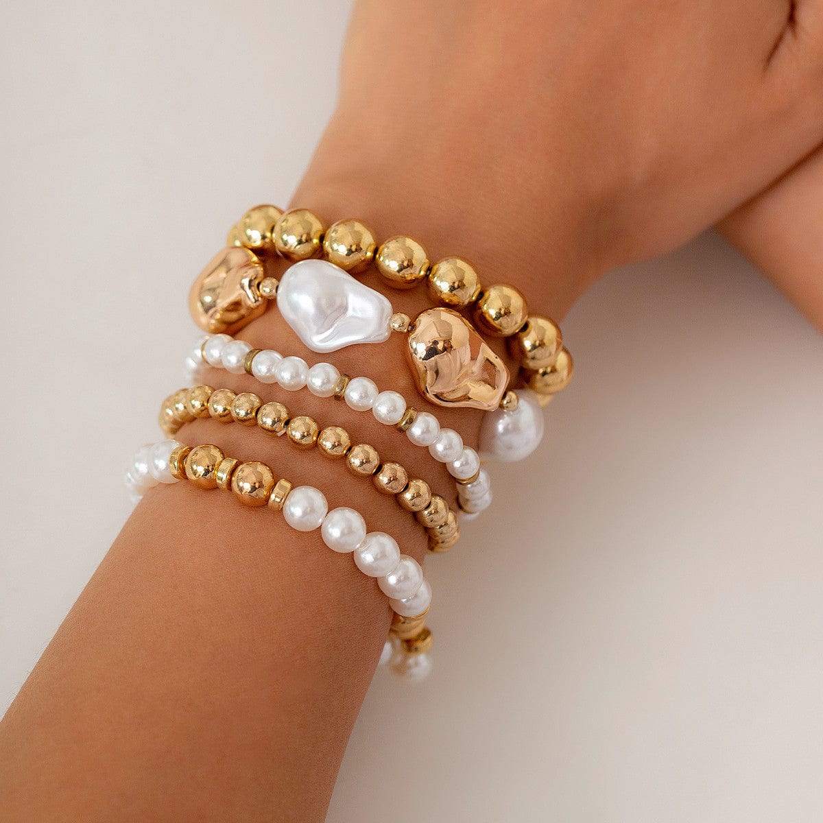 Bohemia 5pcs Two Tone Irregular Pearl Chain Bracelet Set