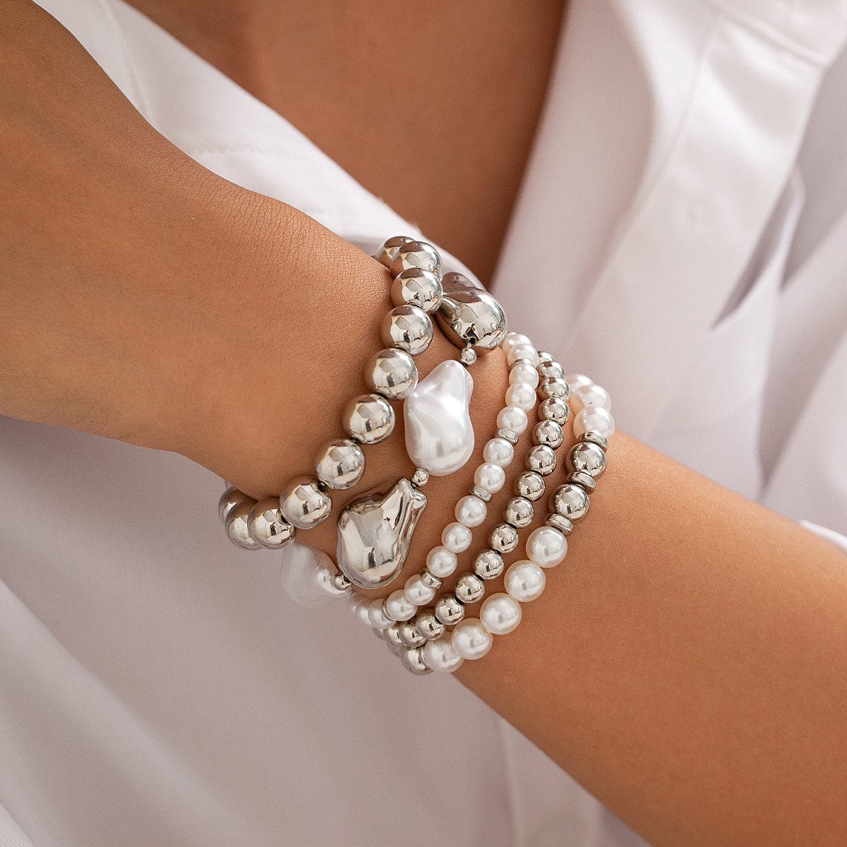 Bohemia 5pcs Two Tone Irregular Pearl Chain Bracelet Set