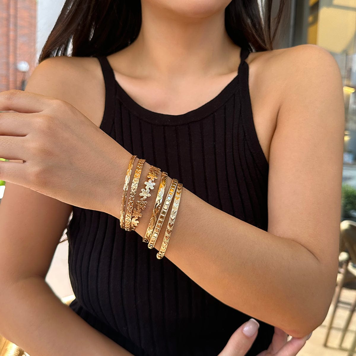 Bohemia 6pcs  Flower Heart Star Pattern Open Bangle Bracelet Set - ArtGalleryZen