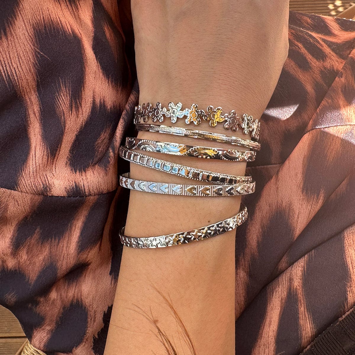 Bohemia 6pcs  Flower Heart Star Pattern Open Bangle Bracelet Set - ArtGalleryZen