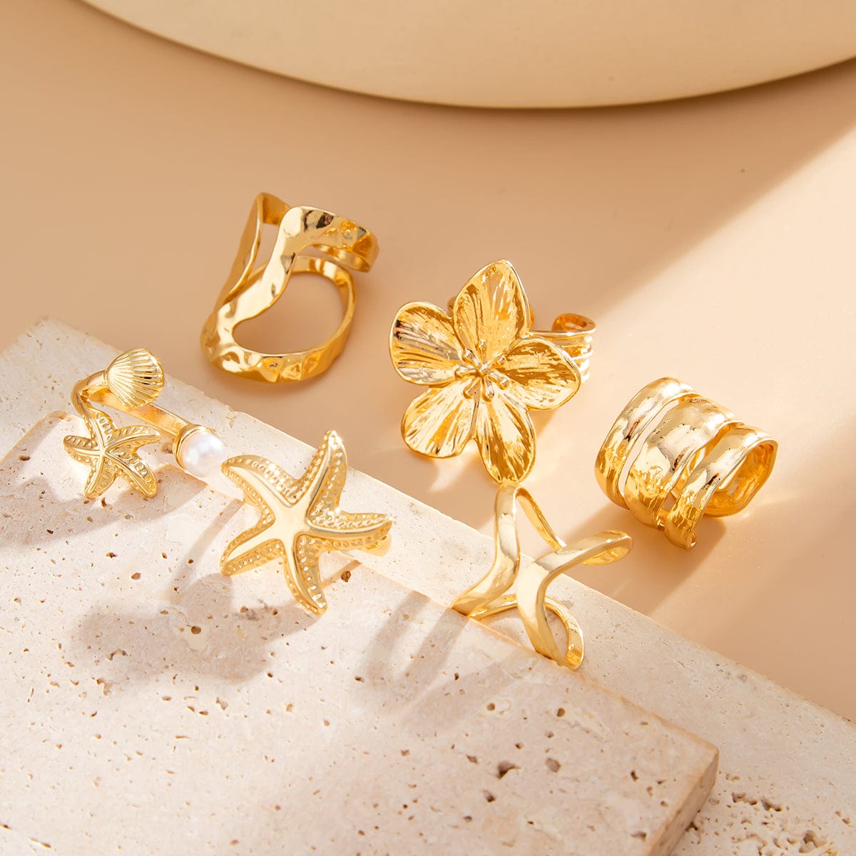 Bohemia 6pcs Flower Starfish Pearl Irregular Curved Ring Set - ArtGalleryZen