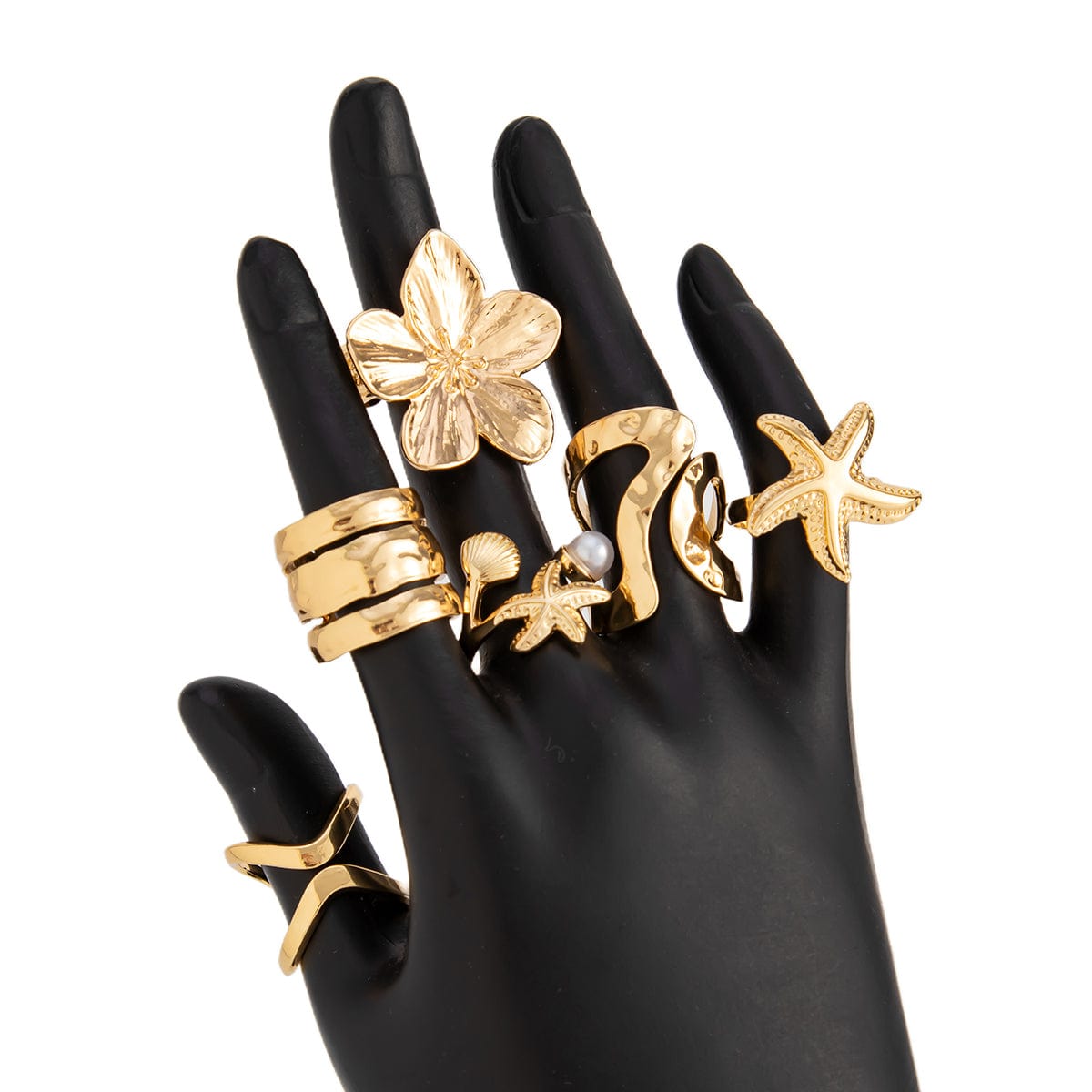 Bohemia 6pcs Flower Starfish Pearl Irregular Curved Ring Set - ArtGalleryZen