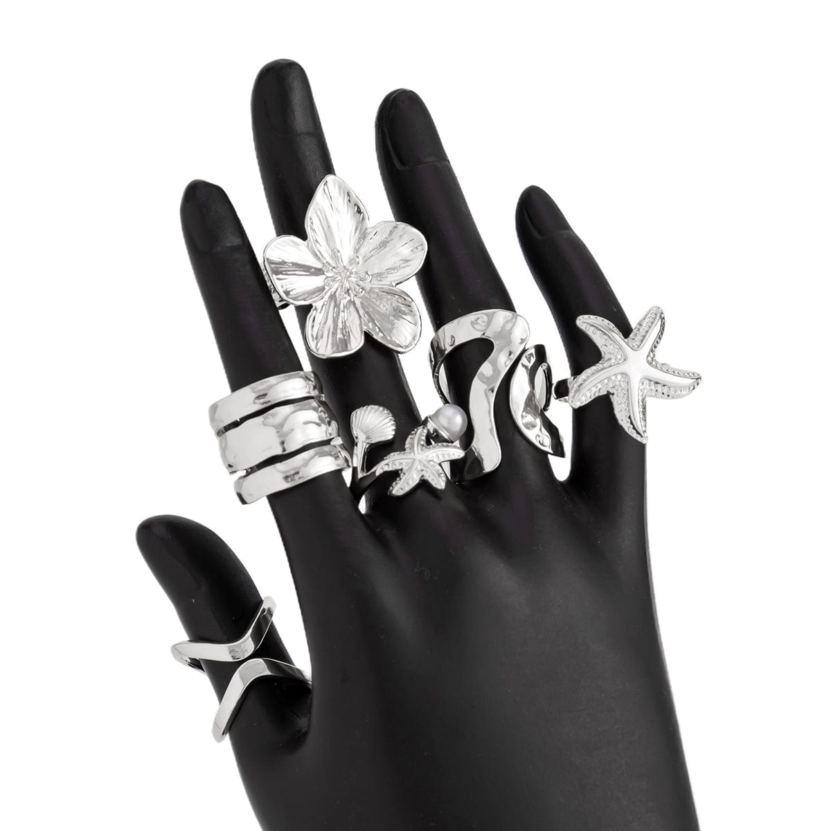 Bohemia 6pcs Flower Starfish Pearl Irregular Curved Ring Set - ArtGalleryZen