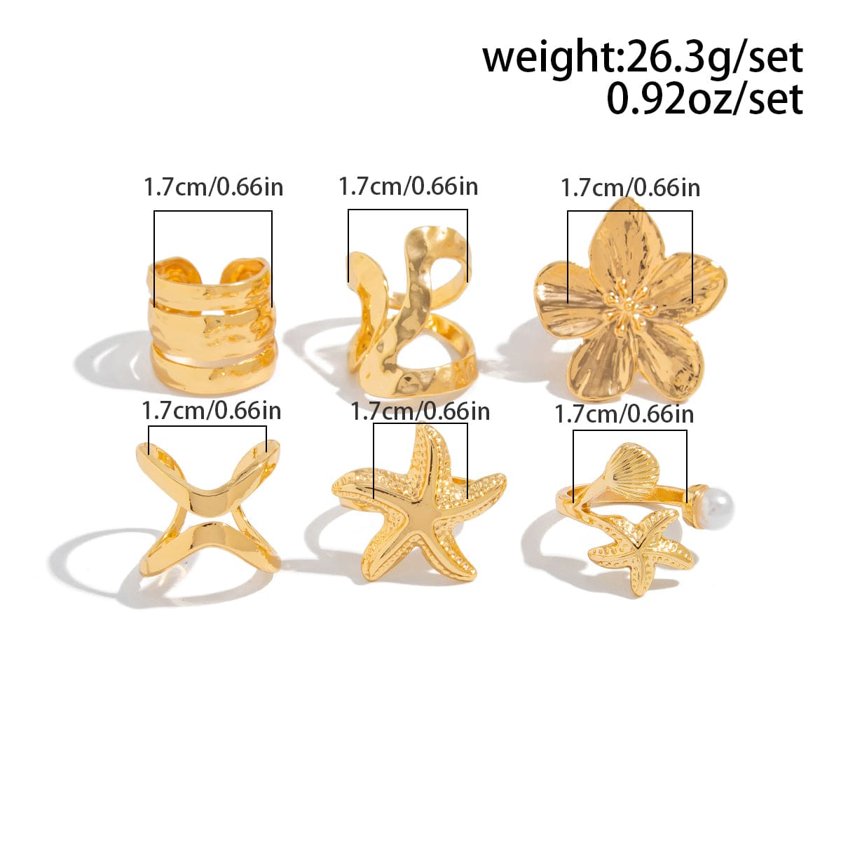 Bohemia 6pcs Flower Starfish Pearl Irregular Curved Ring Set - ArtGalleryZen