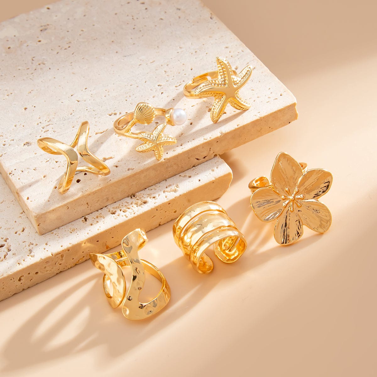 Bohemia 6pcs Flower Starfish Pearl Irregular Curved Ring Set - ArtGalleryZen