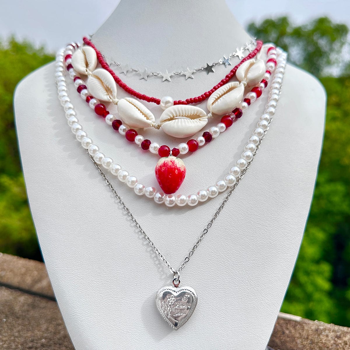 Bohemia 6pcs Strawberry Heart Pendant Pearl Conch Seed Bead Chain Necklace Set - ArtGalleryZen
