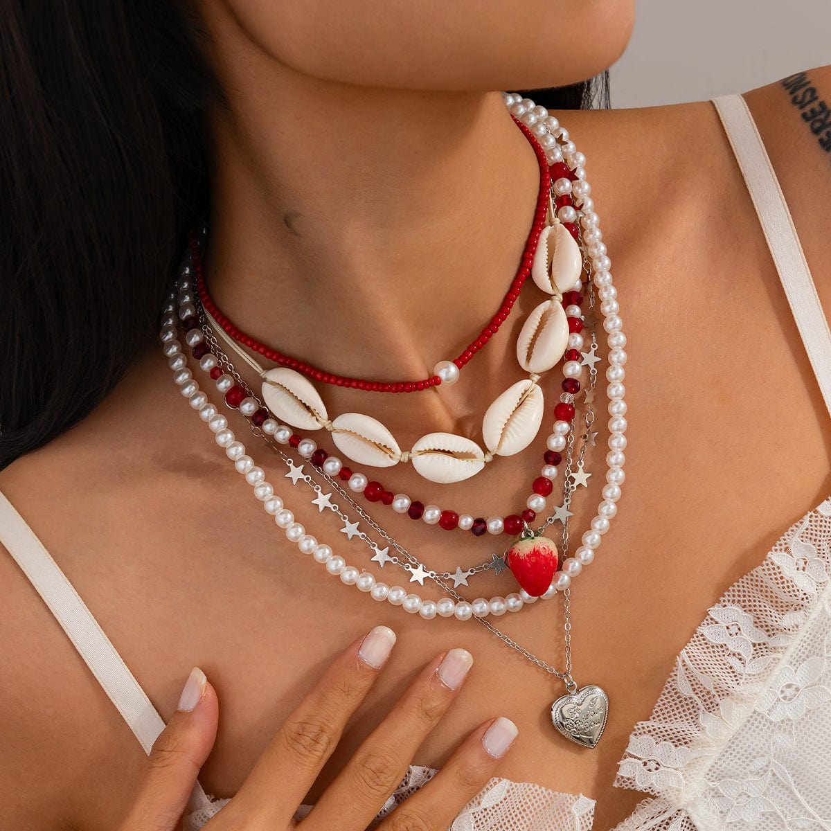 Bohemia 6pcs Strawberry Heart Pendant Pearl Conch Seed Bead Chain Necklace Set