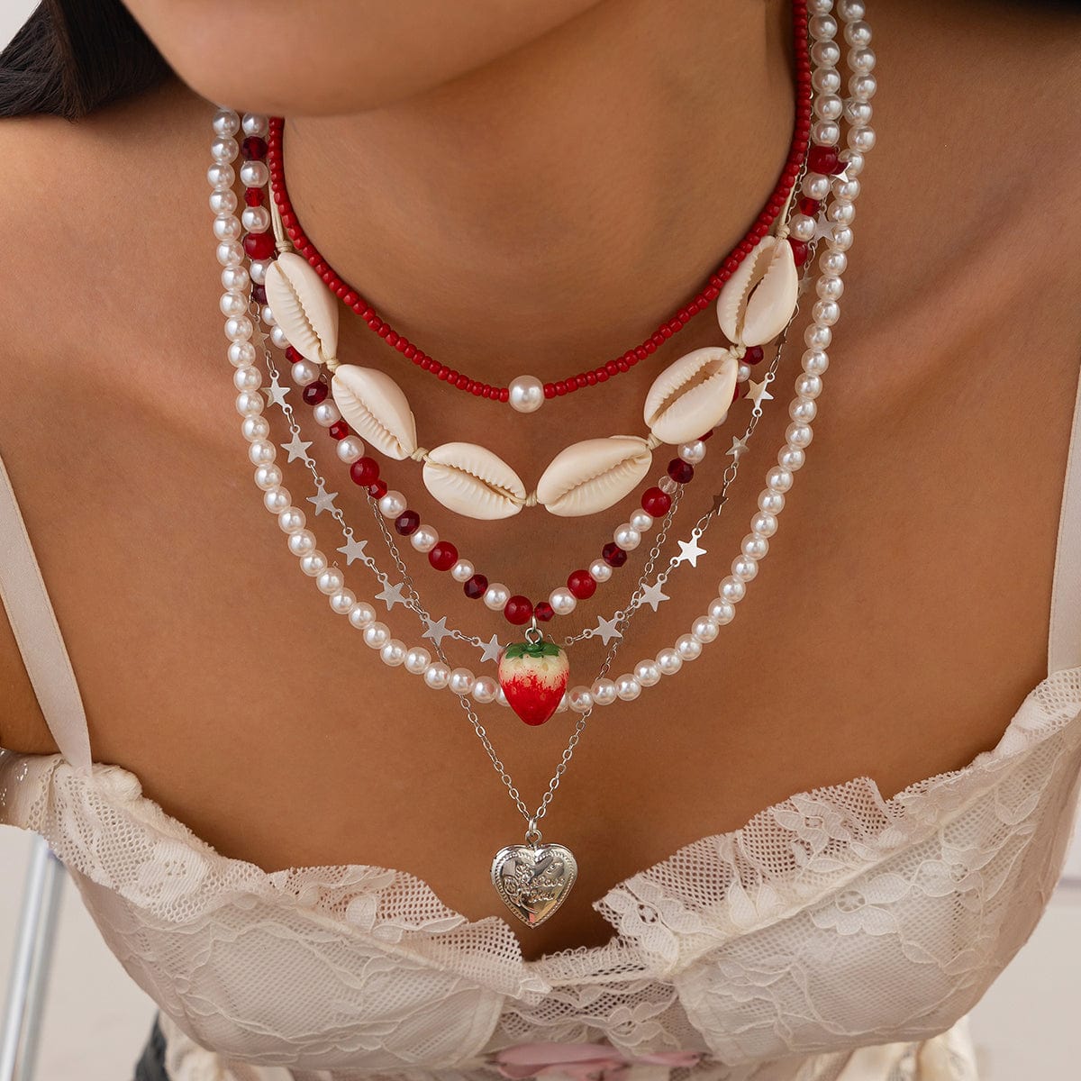 Bohemia 6pcs Strawberry Heart Pendant Pearl Conch Seed Bead Chain Necklace Set