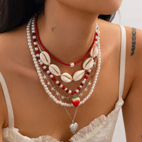 Thumbnail for Bohemia 6pcs Strawberry Heart Pendant Pearl Conch Seed Bead Chain Necklace Set