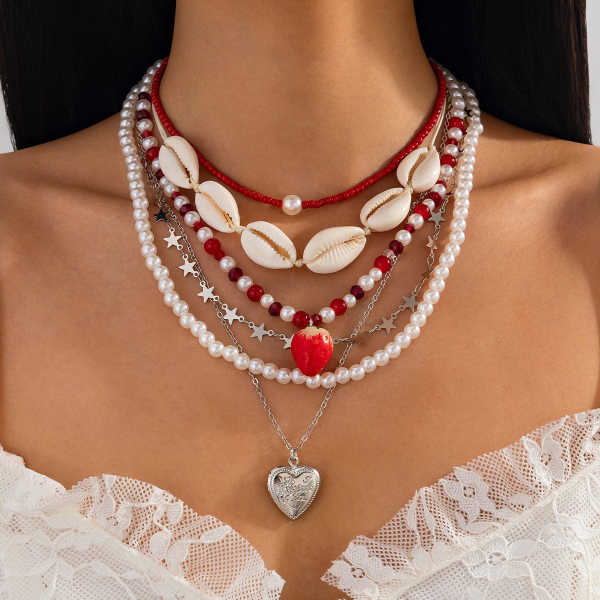 Bohemia 6pcs Strawberry Heart Pendant Pearl Conch Seed Bead Chain Necklace Set