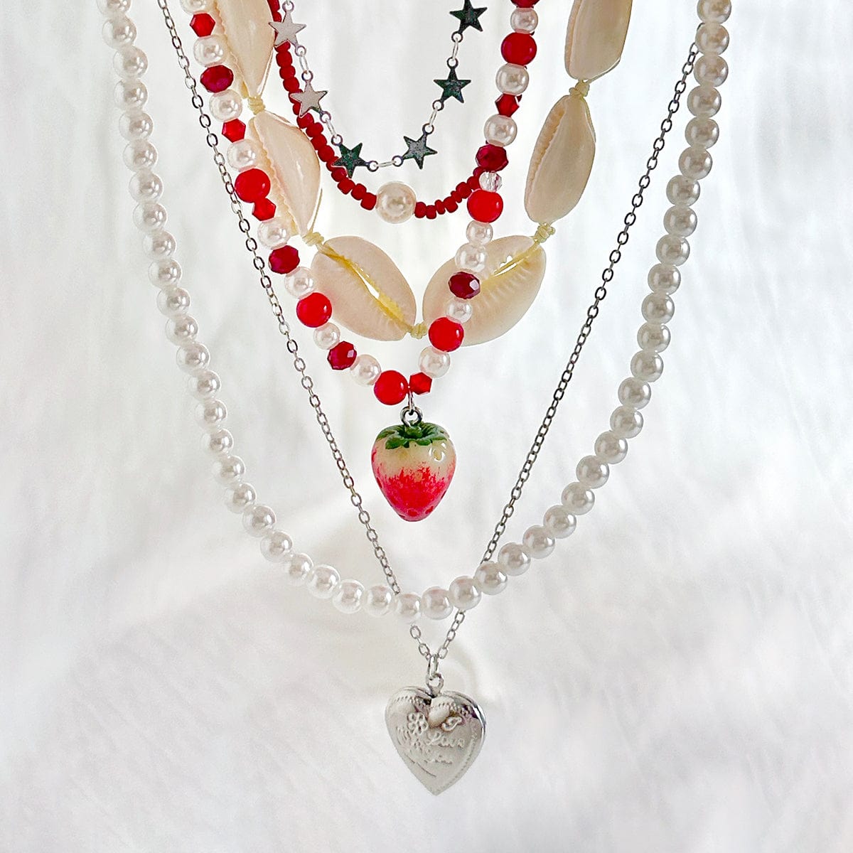 Bohemia 6pcs Strawberry Heart Pendant Pearl Conch Seed Bead Chain Necklace Set