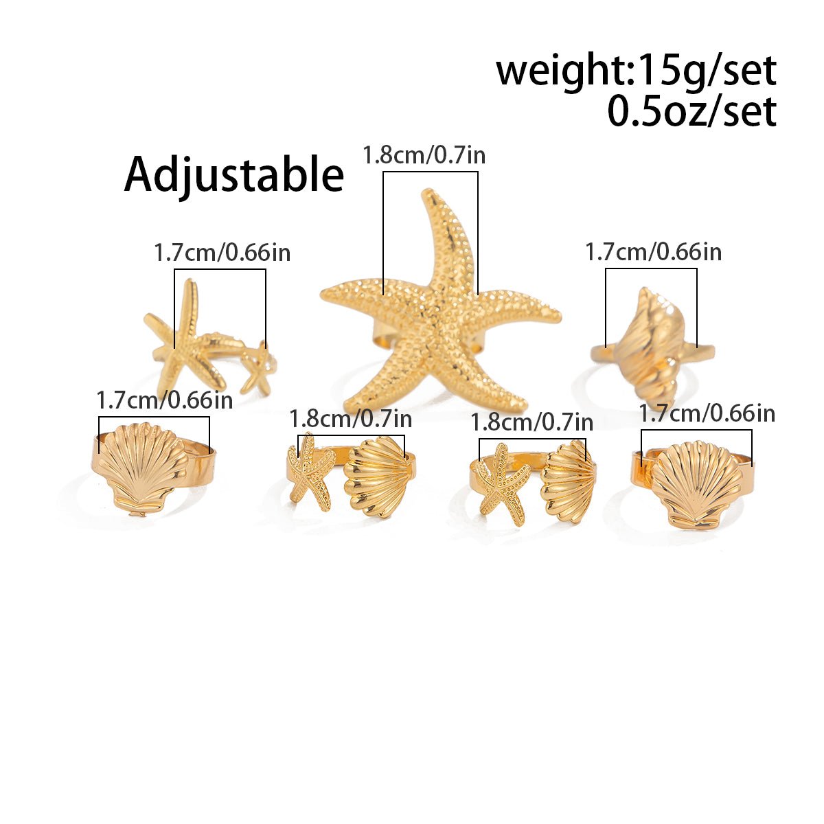 Bohemia 7pcs Chunky Starfish Conch Shell Ring Set - ArtGalleryZen