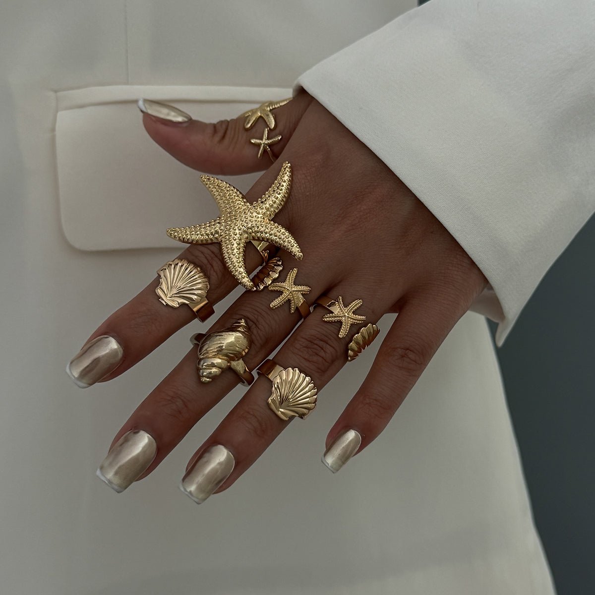 Bohemia 7pcs Chunky Starfish Conch Shell Ring Set - ArtGalleryZen