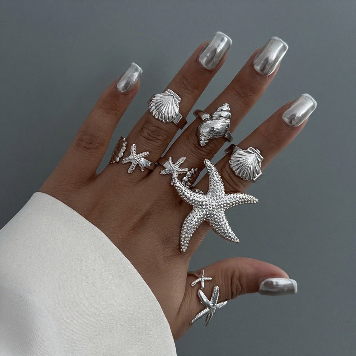 Bohemia 7pcs Chunky Starfish Conch Shell Ring Set - ArtGalleryZen