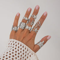 Thumbnail for Bohemia 9pcs Chunky Flower Starfish Shell Hollow Ring Set - ArtGalleryZen