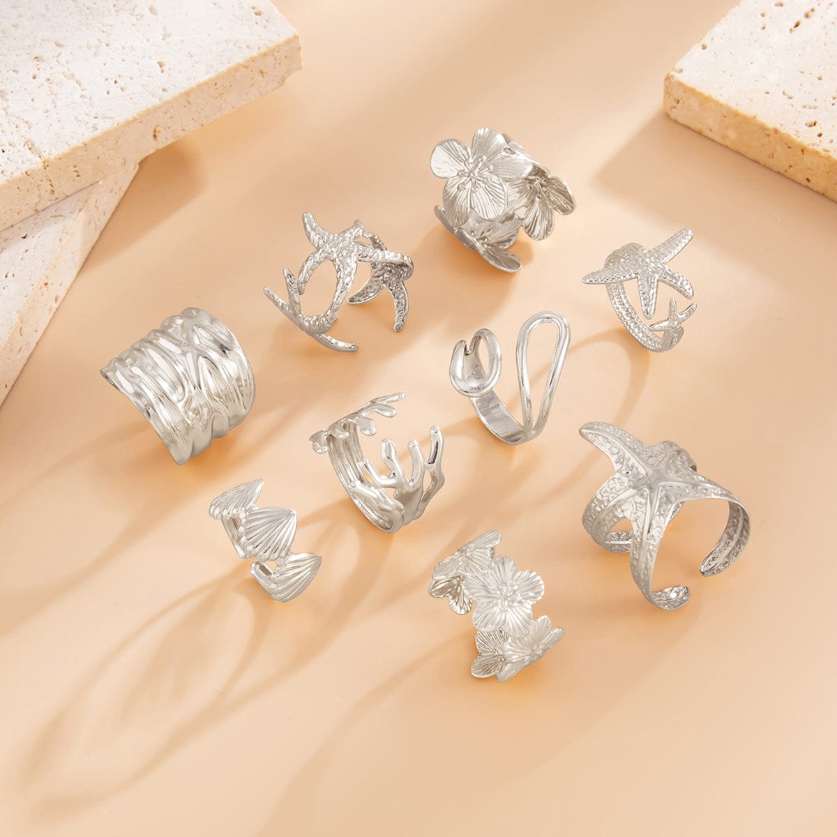 Bohemia 9pcs Chunky Flower Starfish Shell Hollow Ring Set - ArtGalleryZen