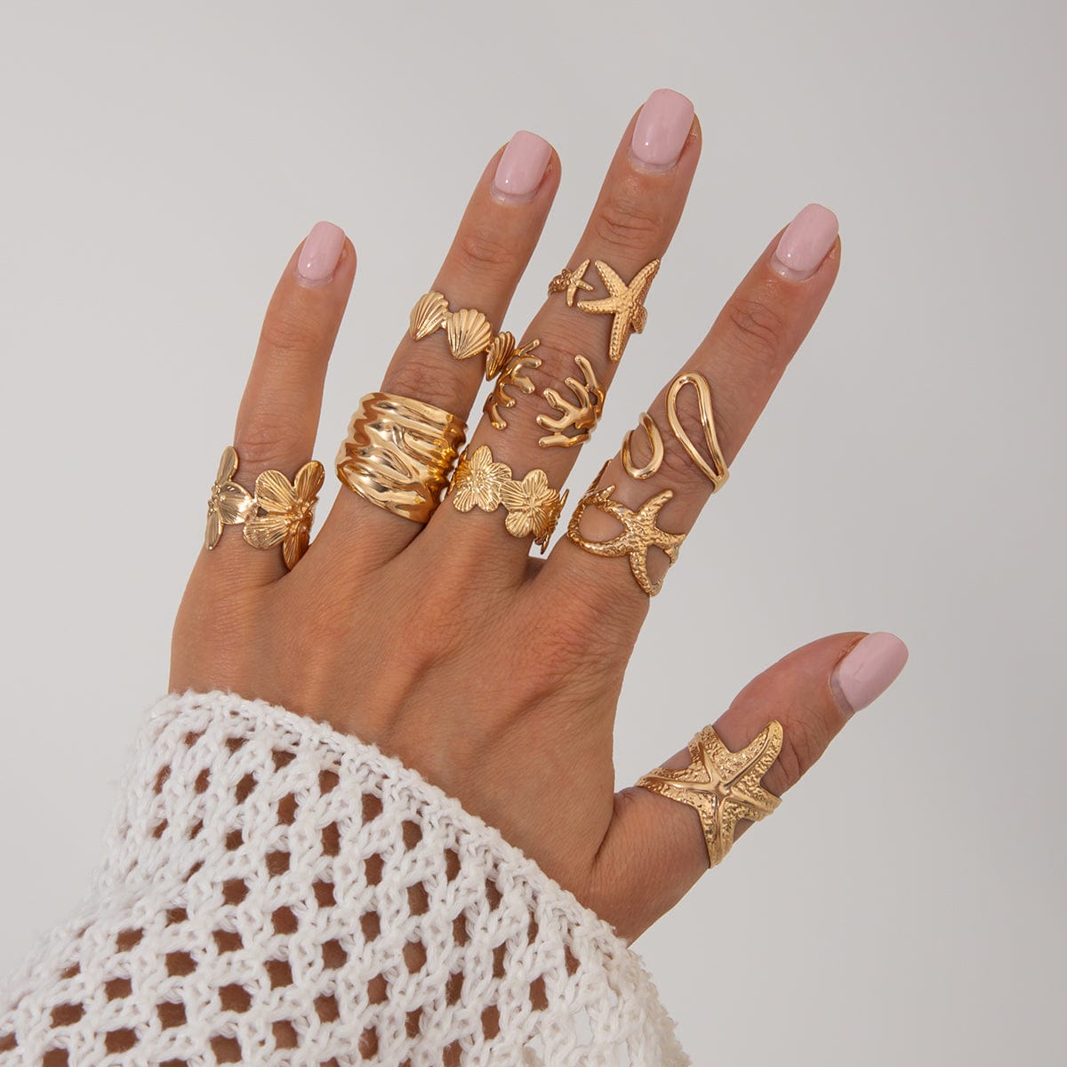 Bohemia 9pcs Chunky Flower Starfish Shell Hollow Ring Set - ArtGalleryZen