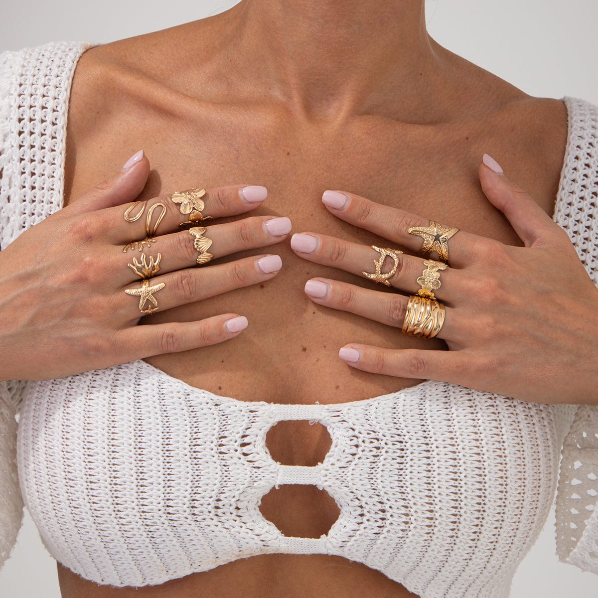 Bohemia 9pcs Chunky Flower Starfish Shell Hollow Ring Set - ArtGalleryZen