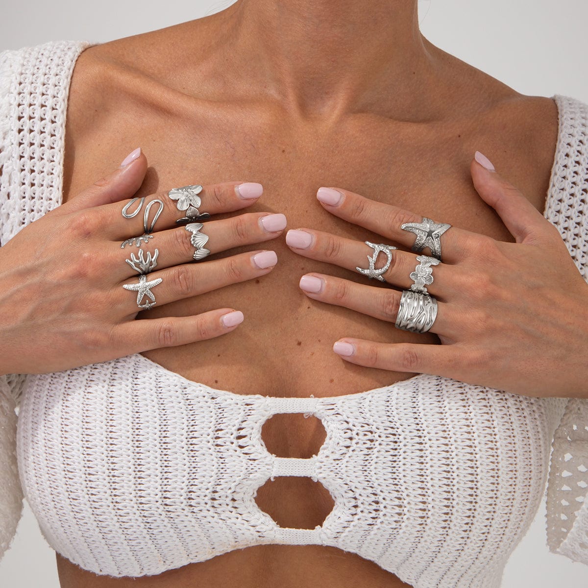 Bohemia 9pcs Chunky Flower Starfish Shell Hollow Ring Set - ArtGalleryZen
