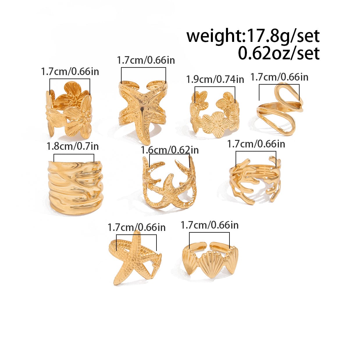 Bohemia 9pcs Chunky Flower Starfish Shell Hollow Ring Set - ArtGalleryZen