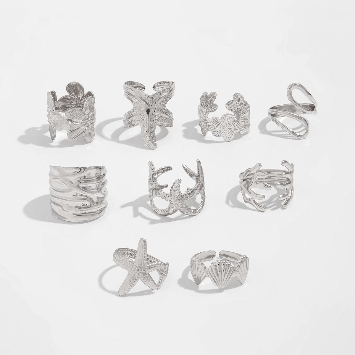 Bohemia 9pcs Chunky Flower Starfish Shell Hollow Ring Set - ArtGalleryZen