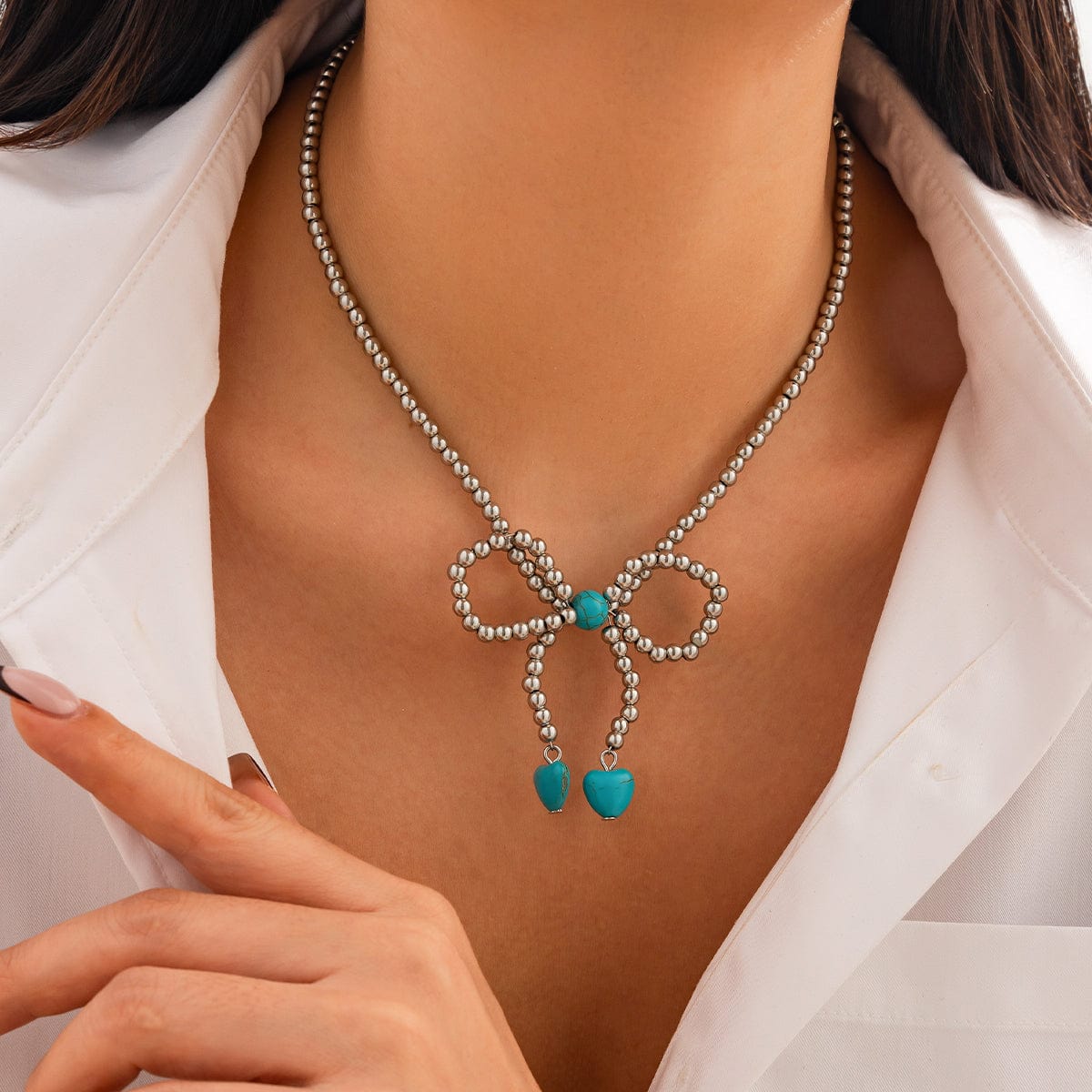 Bohemia Bowknot Shaped Turquoise Beaded Chain Necklace - ArtGalleryZen