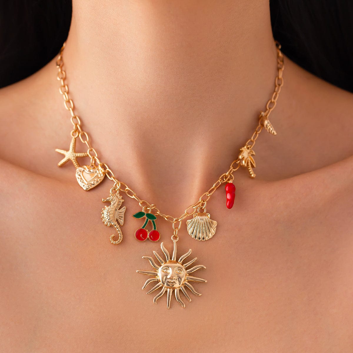 Bohemia Enamel Cherry Sun Starfish Heart Tassel Necklace - ArtGalleryZen