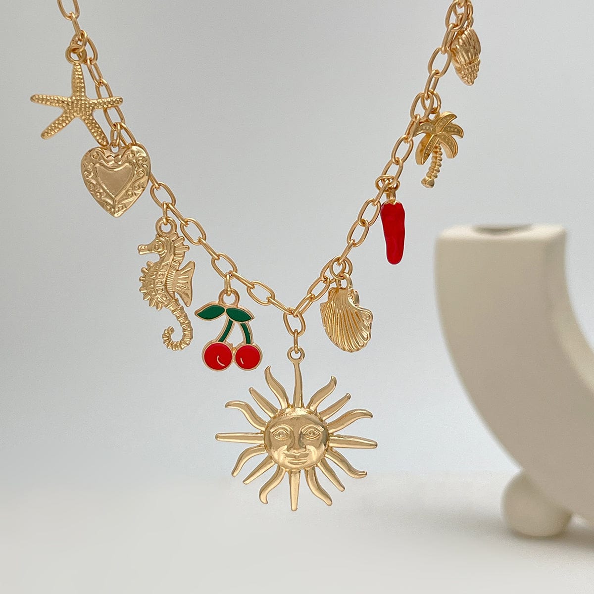 Bohemia Enamel Cherry Sun Starfish Heart Tassel Necklace