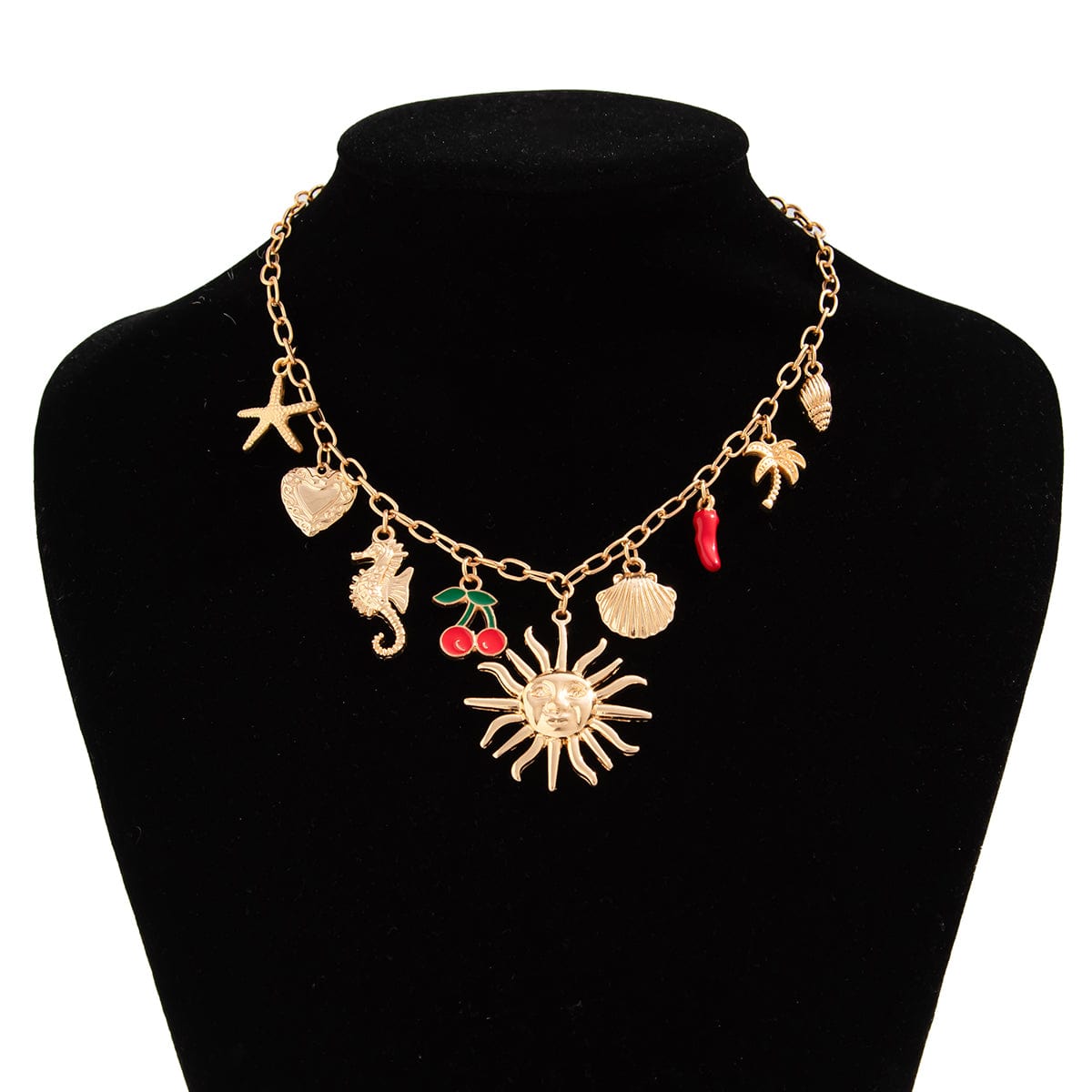 Bohemia Enamel Cherry Sun Starfish Heart Tassel Necklace