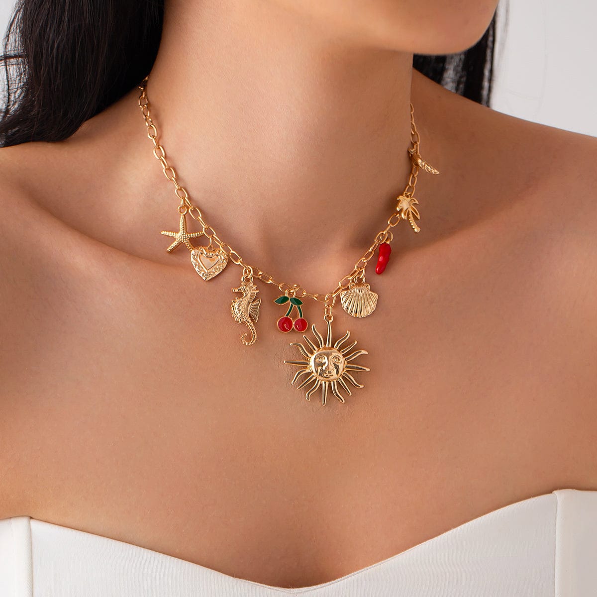 Bohemia Enamel Cherry Sun Starfish Heart Tassel Necklace