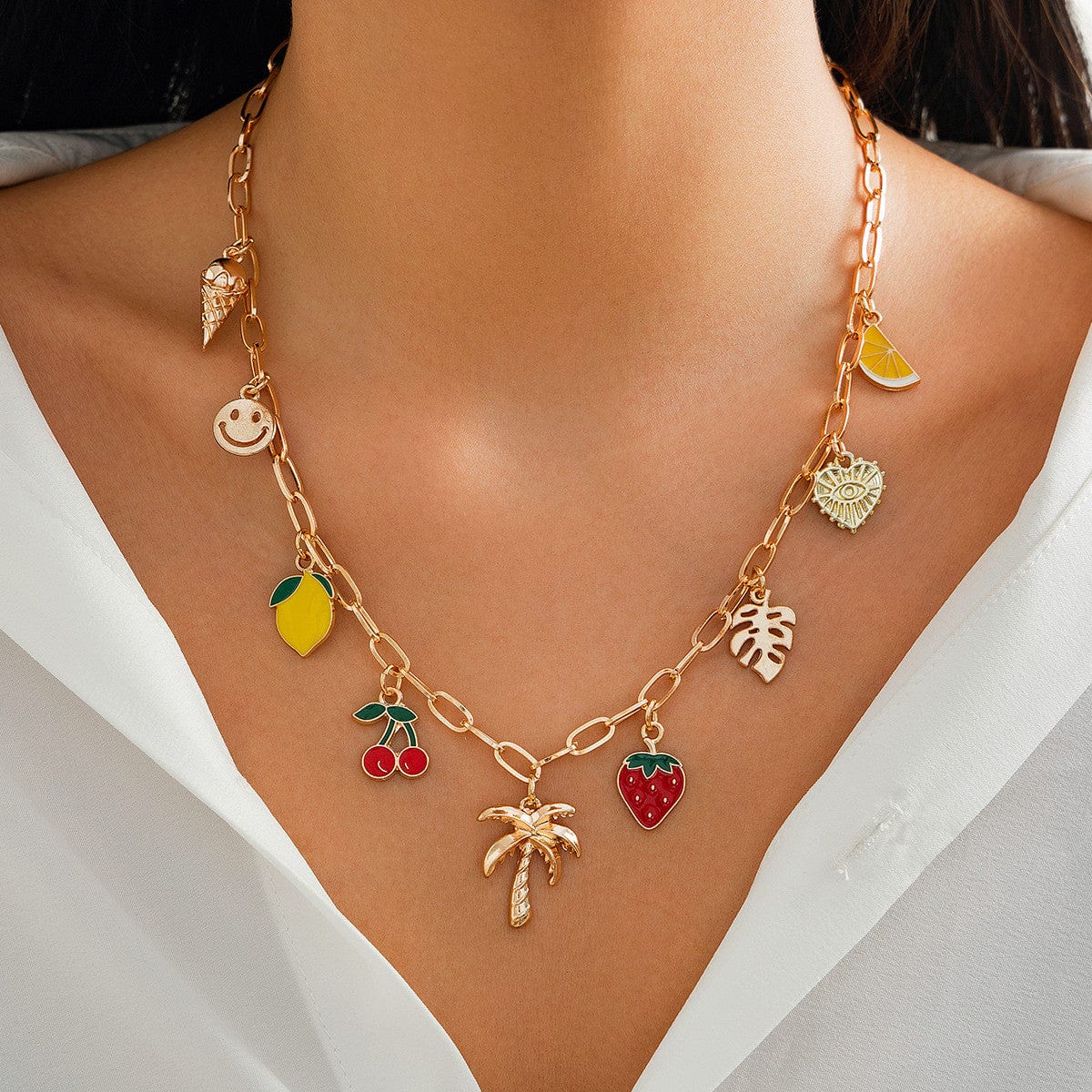 Bohemia Enamel Fruit Coconut Tree Heart Charm Necklace