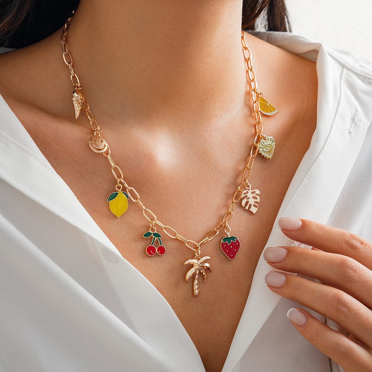 Bohemia Enamel Fruit Coconut Tree Heart Charm Necklace