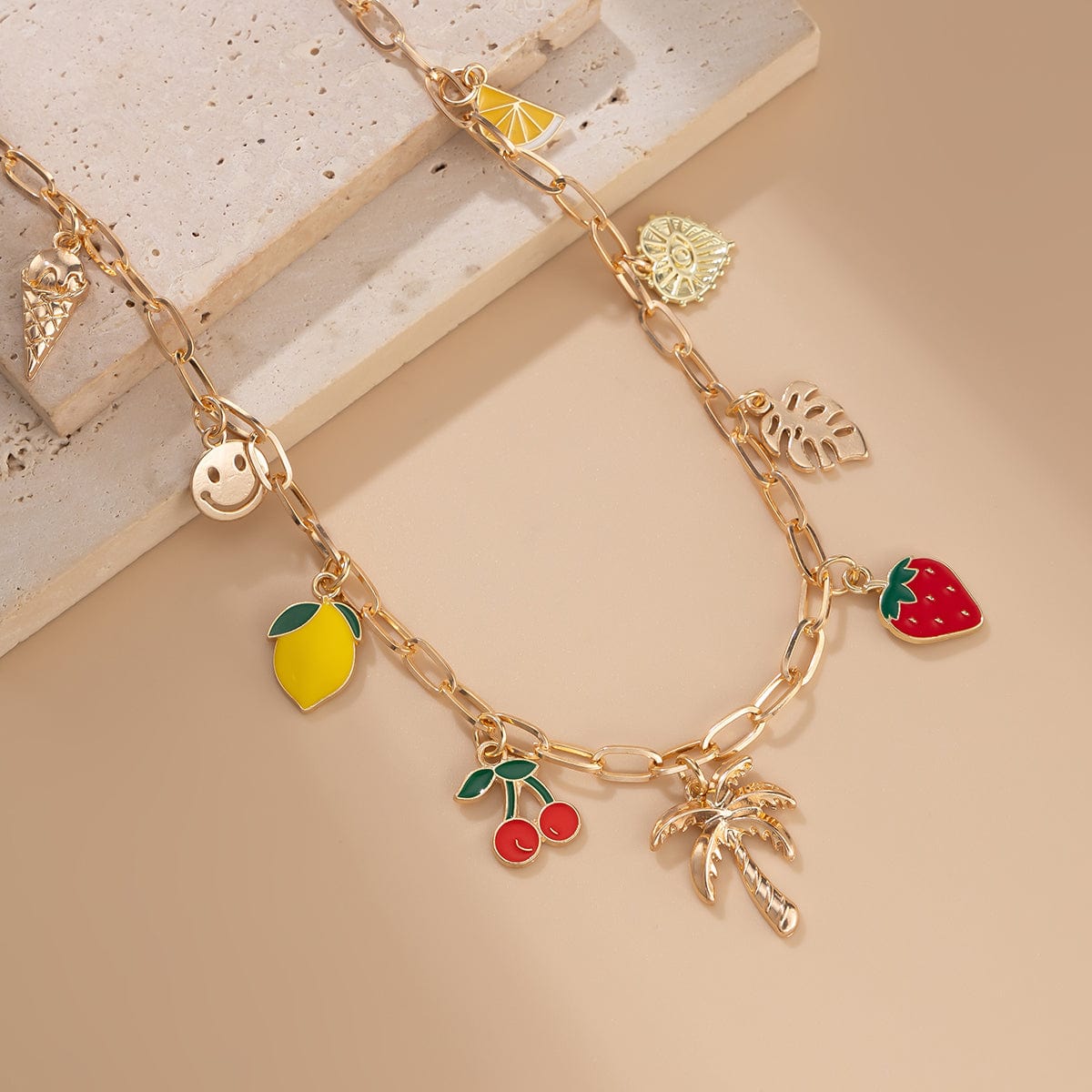 Bohemia Enamel Fruit Coconut Tree Heart Charm Necklace