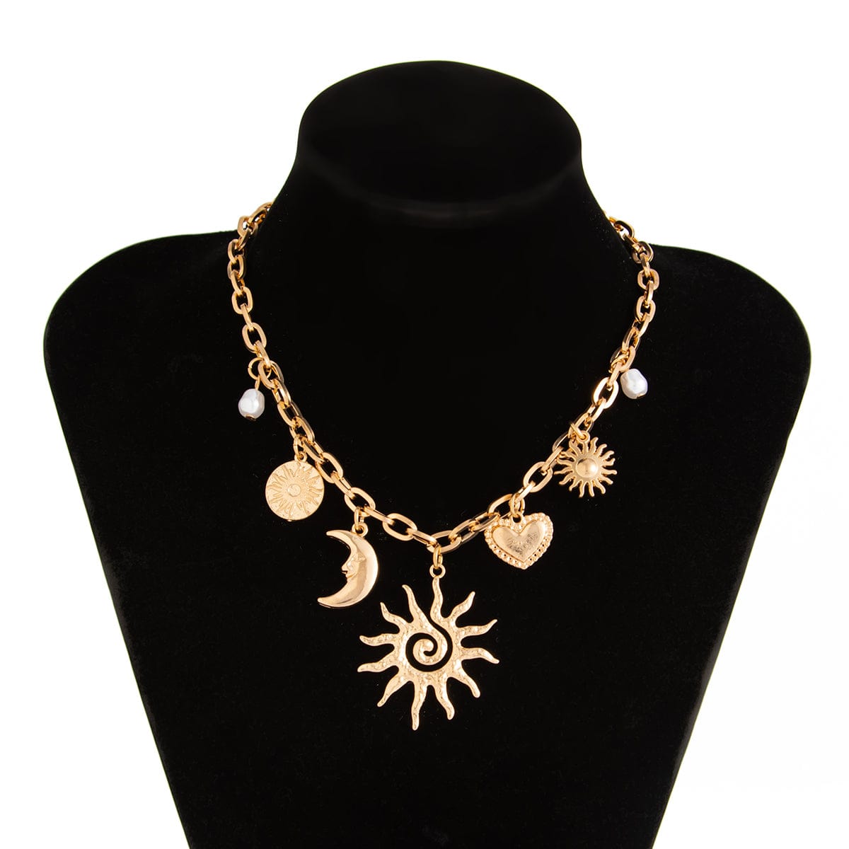 Bohemia Gold Tone Sun Moon Heart Pearl Pendant Necklace - ArtGalleryZen