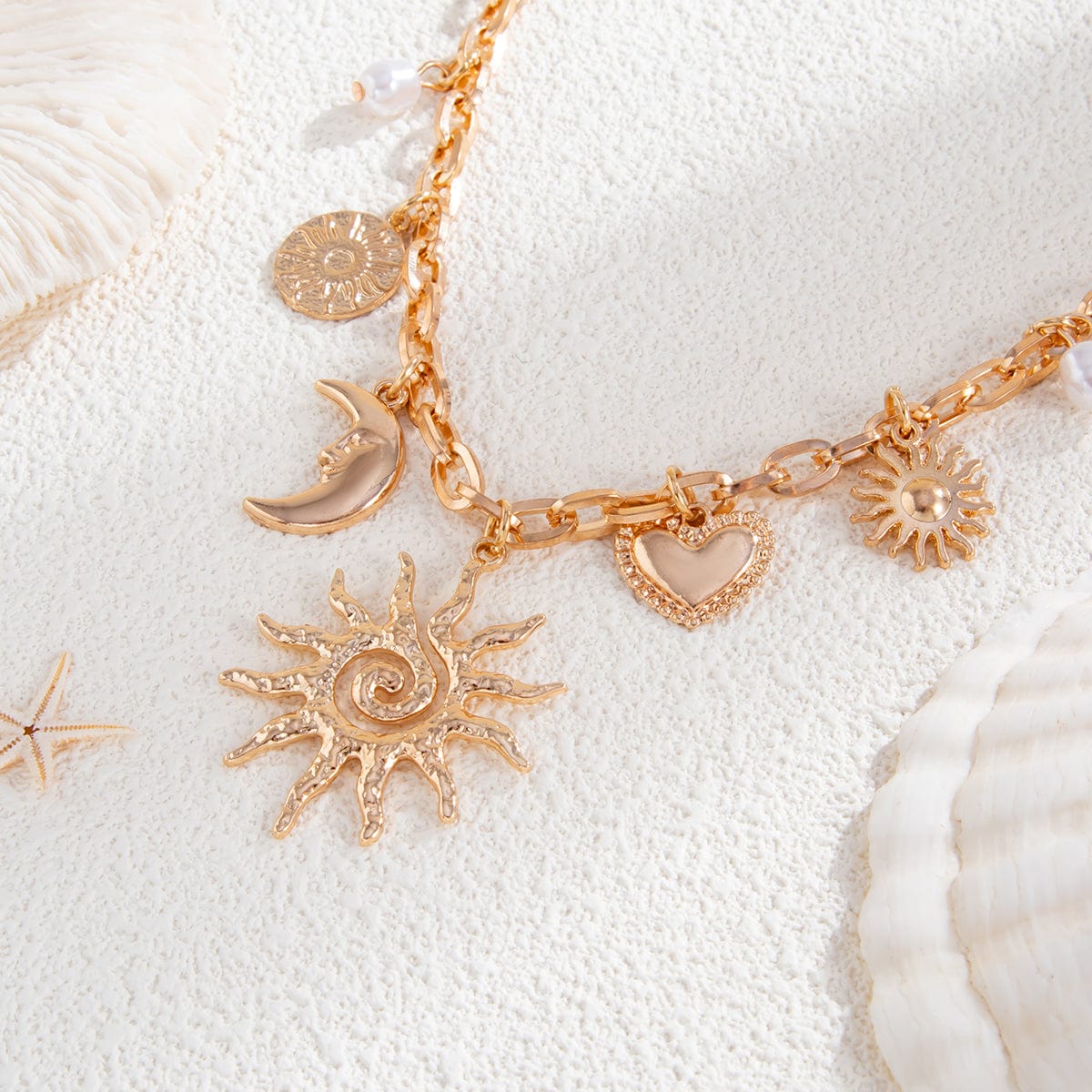 Bohemia Gold Tone Sun Moon Heart Pearl Pendant Necklace - ArtGalleryZen