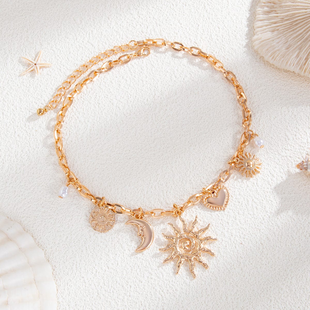 Bohemia Gold Tone Sun Moon Heart Pearl Pendant Necklace - ArtGalleryZen