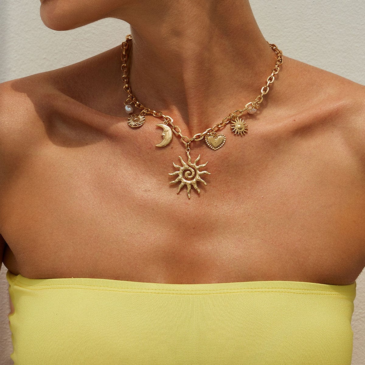 Bohemia Gold Tone Sun Moon Heart Pearl Pendant Necklace - ArtGalleryZen