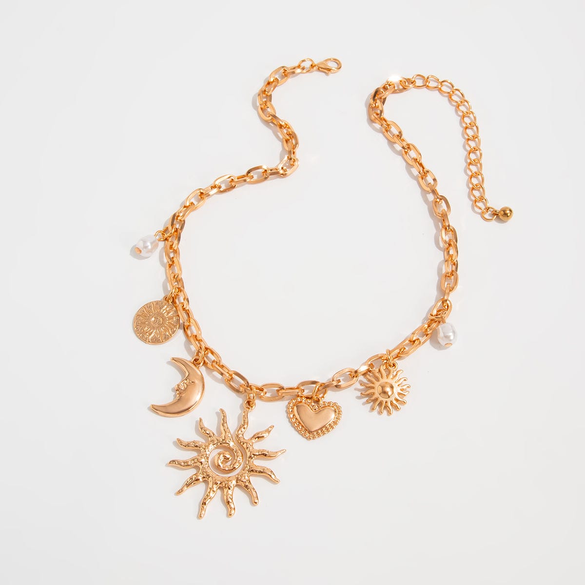 Bohemia Gold Tone Sun Moon Heart Pearl Pendant Necklace - ArtGalleryZen