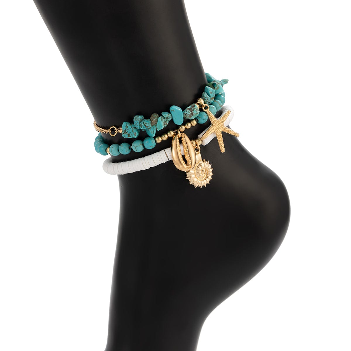 Bohemia Layered Conch Shell Starfish Charm Turquoise Anklet Set - ArtGalleryZen