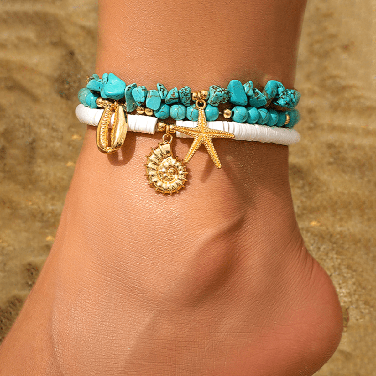 Bohemia Layered Conch Shell Starfish Charm Turquoise Anklet Set - ArtGalleryZen