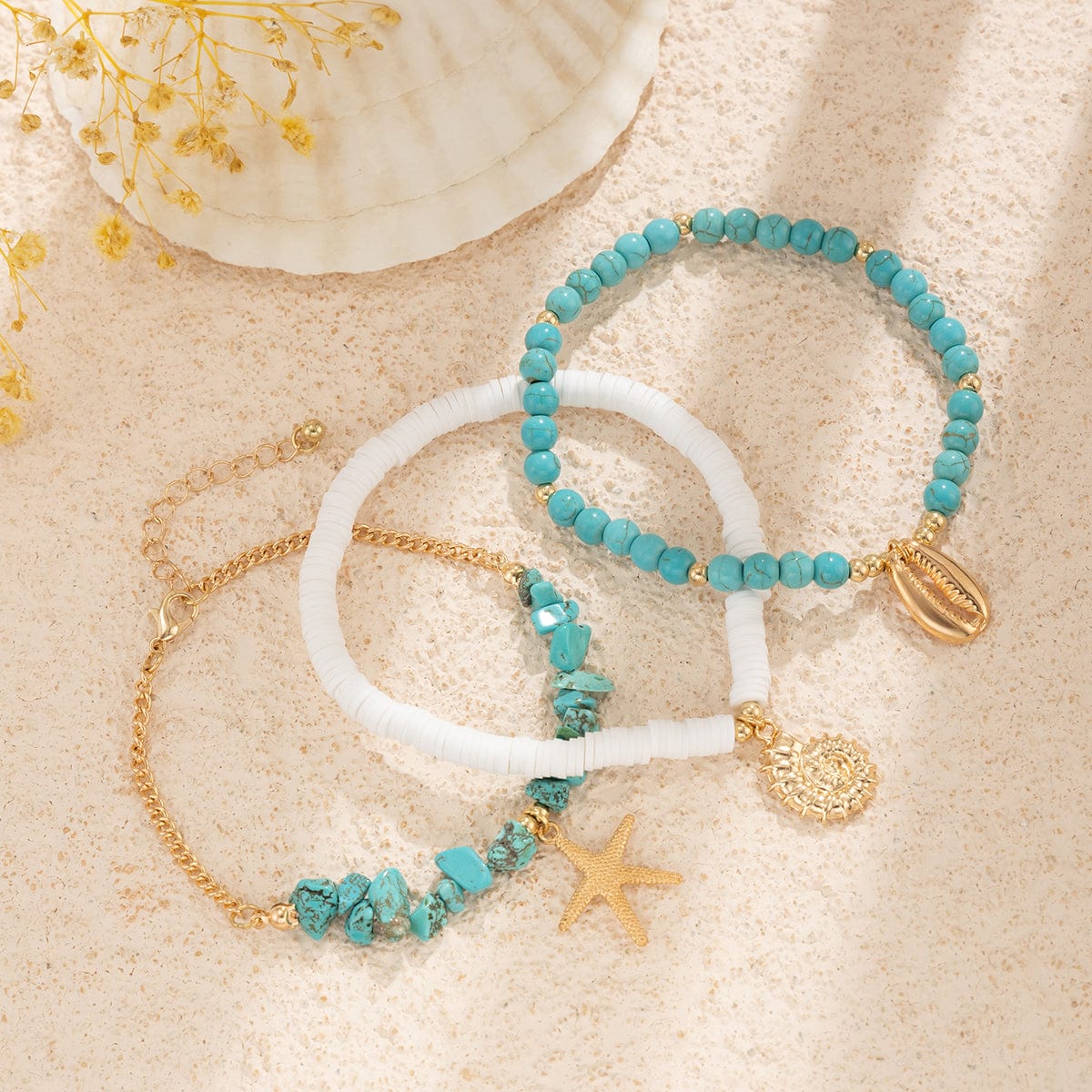 Bohemia Layered Conch Shell Starfish Charm Turquoise Anklet Set