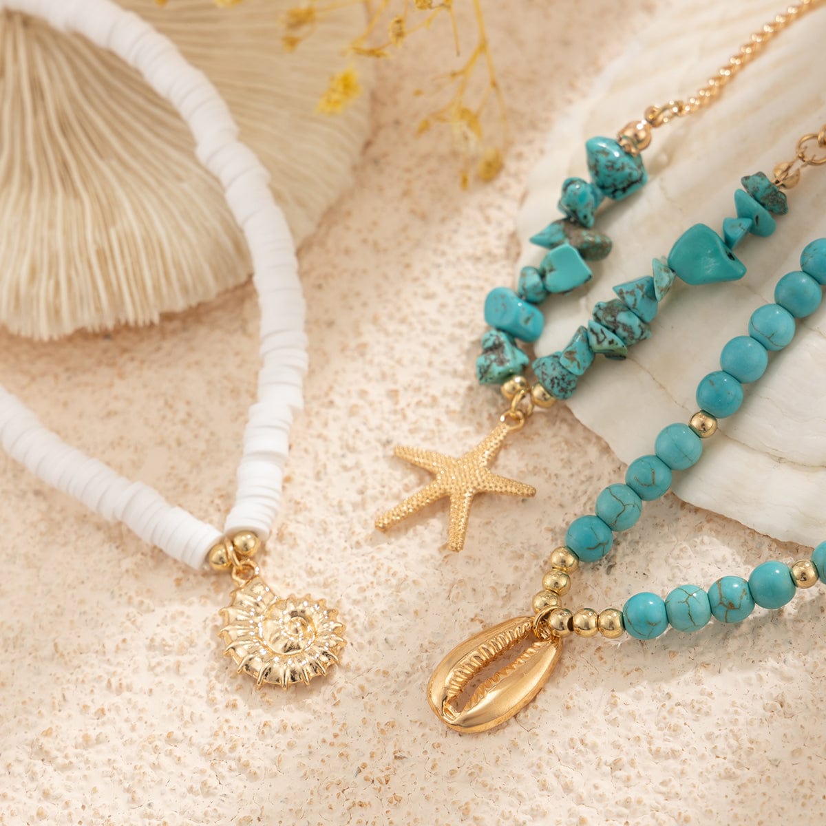 Bohemia Layered Conch Shell Starfish Charm Turquoise Anklet Set