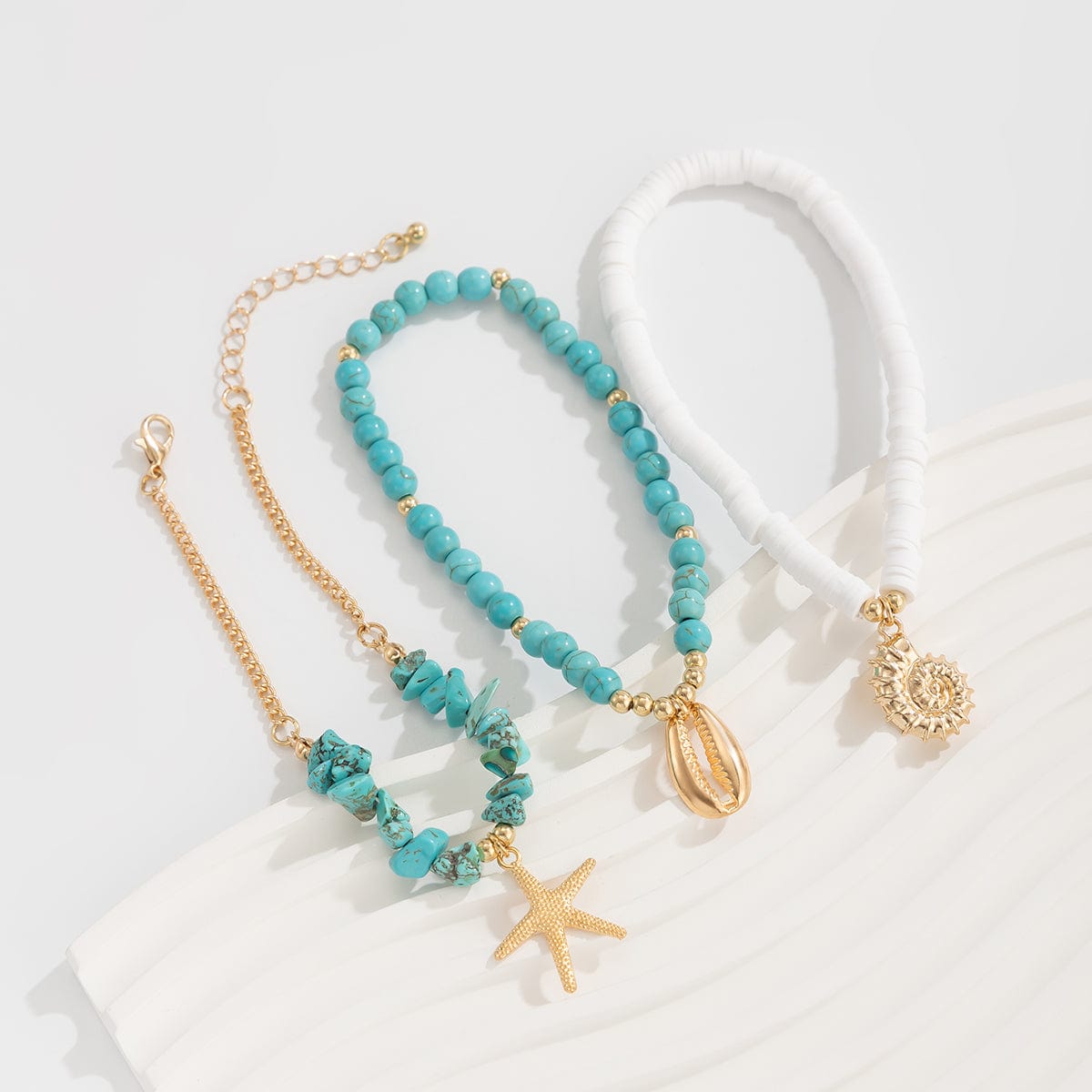 Bohemia Layered Conch Shell Starfish Charm Turquoise Anklet Set