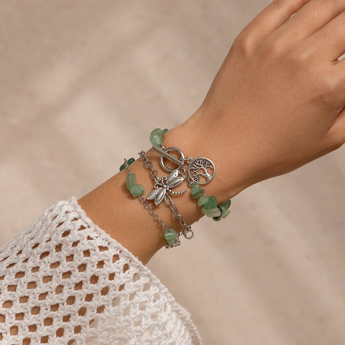 Bohemia Layered Dragonfly Tree Charm Turquoise Stone Bracelet Set