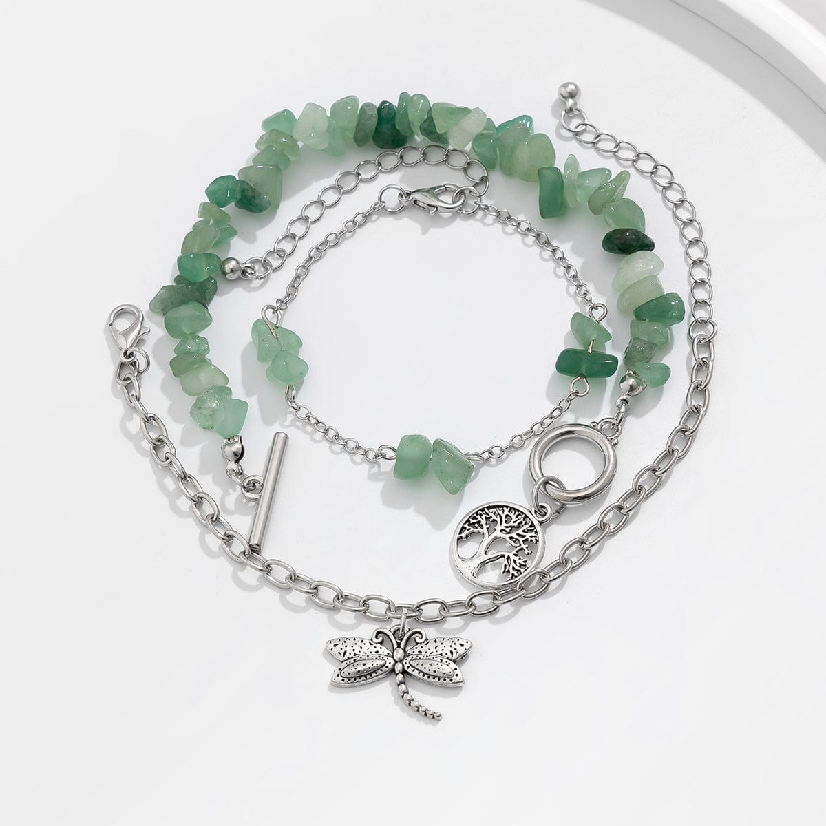 Bohemia Layered Dragonfly Tree Charm Turquoise Stone Bracelet Set