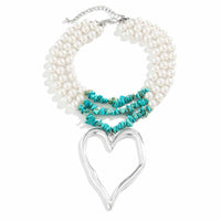 Thumbnail for Bohemia Layered Turquoise Pearl Chain Heart Pendant Choker Necklace - ArtGalleryZen