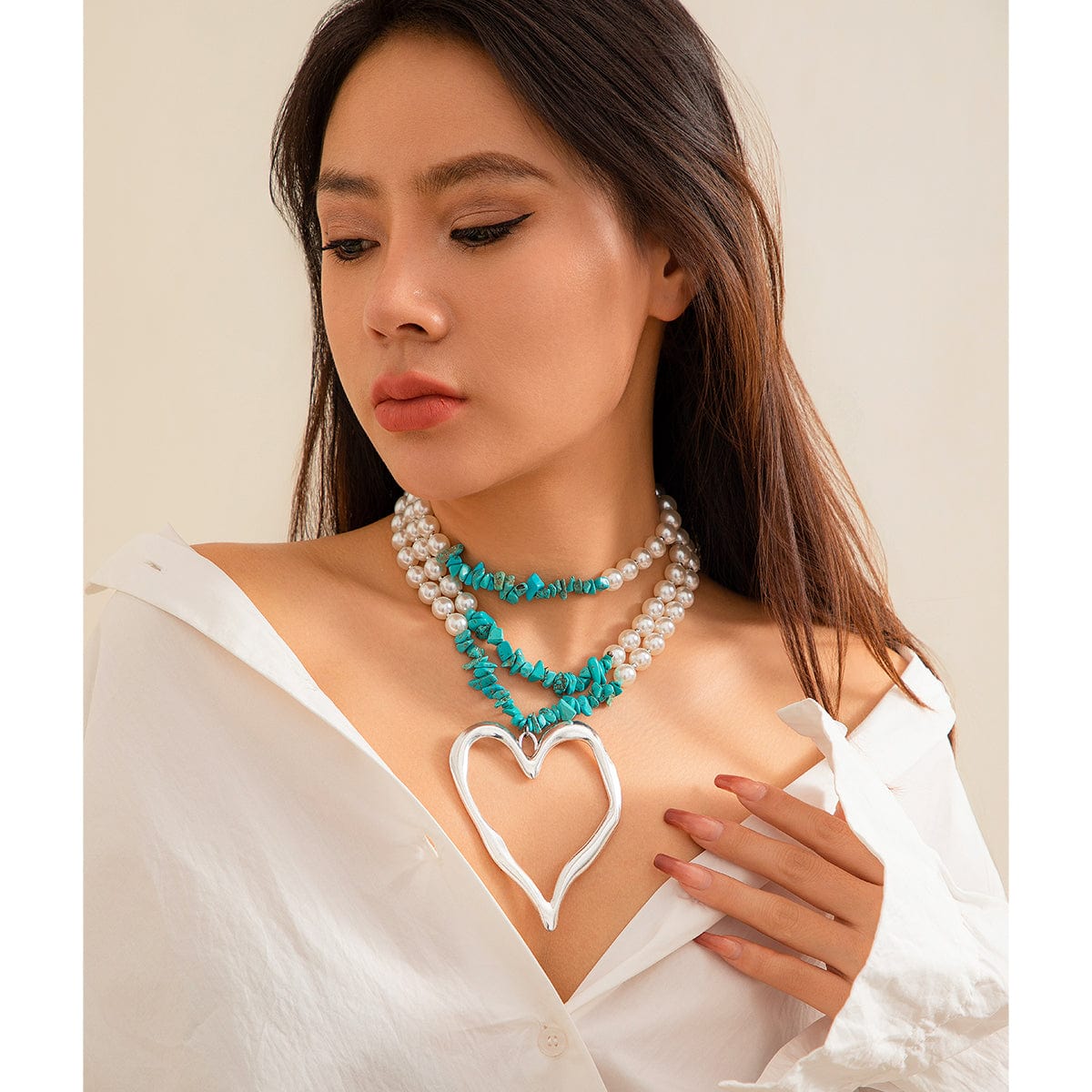 Bohemia Layered Turquoise Pearl Chain Heart Pendant Choker Necklace - ArtGalleryZen