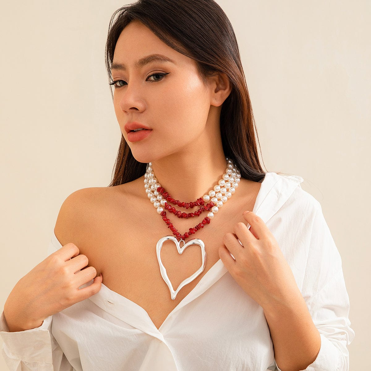 Bohemia Layered Turquoise Pearl Chain Heart Pendant Choker Necklace - ArtGalleryZen