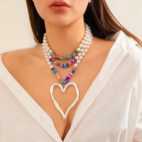 Thumbnail for Bohemia Layered Turquoise Pearl Chain Heart Pendant Choker Necklace - ArtGalleryZen