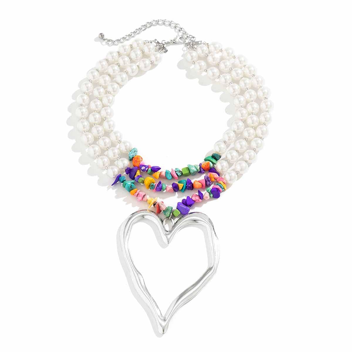 Bohemia Layered Turquoise Pearl Chain Heart Pendant Choker Necklace - ArtGalleryZen